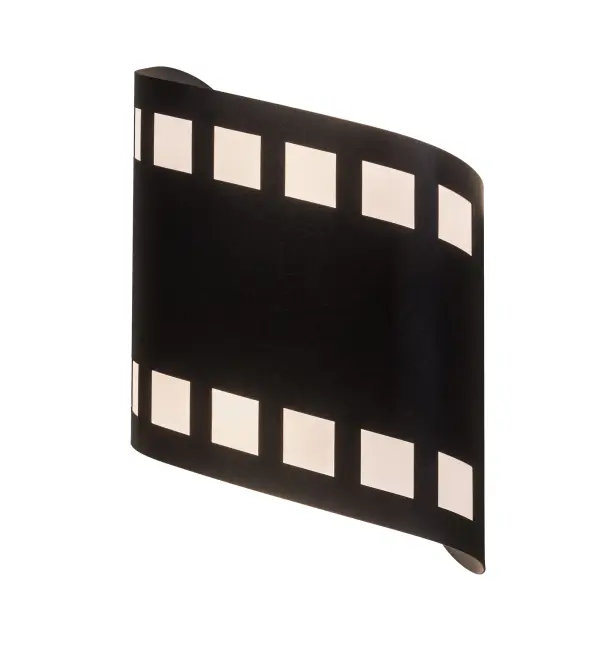 Lights; camera; action! Recreating a nostalgic strip of transparencies used to project motion or still pictures; this eye-catching lighting design features celluloid details in White Mylar cutouts with Black finished steel hardware. This unique wall fixture was custom crafted by Meyda artisans in Central New York in the USA. Dimmable energy efficient lamping options; along with custom sizes; styles and colors; are available.
