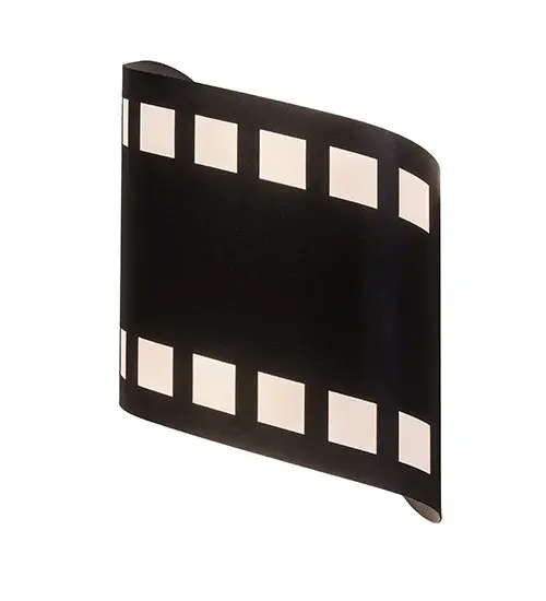 Lights; camera; action! Recreating a nostalgic strip of transparencies used to project motion or still pictures; this eye-catching lighting design features celluloid details in White Mylar cutouts with Black finished steel hardware. This unique wall fixture was custom crafted by Meyda artisans in Central New York in the USA. Dimmable energy efficient lamping options; along with custom sizes; styles and colors; are available. - alternate view