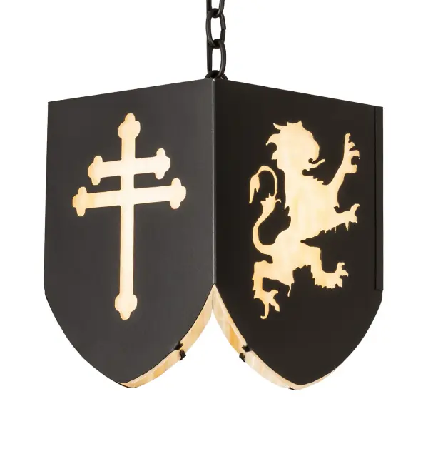 Inspired by Royal Coats of Arms symbolizing courage, strength, faith and freedom, the distinctive Lions and Cross Pendant comes to light. Dramatic Double-Cross and Lion profiles are laser cut and revealed in stunning Beige Art Glass on the Textured Black metal panels of this shade. Overall height ranges from 20 to 46 as the chain can be easily adjusted in the field. Domestically produced in our 180,000 square foot manufacturing facility in Yorkville, New York. Customize diffuser colors, metal finishes, pendant sizes and the shade design or family crest of your choice. UL and cUL listed for damp and dry locations. Collection: Lions And Cross Finish: Textured Black Glass: Beige Art Glass Width: 14.00" Height: 20.00" Length: 10.00" Weight: 12.00 lb Number of Bulbs: 1 Maximum Wattage: 60.00 W Bulb Type: A19 Bulb Base: E26 Material: Steel Country of Origin: USA Safety Rating: Damp
