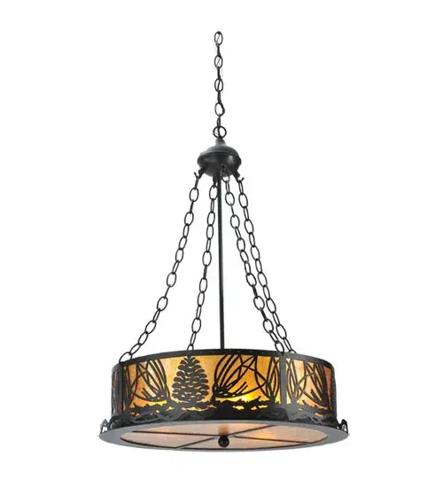 This handsome Pine Cone and needle patterned pendant ring with pine branch accents is suspended from chains and illuminated through Amber mica panels. The fixture has a Black finish and is handcrafted in the USA by Meyda artisans. Collection: Mountain Pine Finish: Textured Black Glass: Amber Mica Width: 22.00" Height: 35.00" Length: 22.00" Weight: 13.00 lb Number of Bulbs: 4 Maximum Wattage: 60.00 W Bulb Type: A19 Bulb Base: E26 Material: Steel Country of Origin: USA Safety Listing: Damp Safety Rating: Damp - alternate view