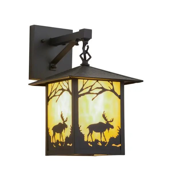 Crafted of Solid Brass, a majestic Moose meanders alongside a mountain creek, creating an image that would make Mother Nature proud. Pleasant ambient light projects through Beige art glass, which is complemented with a frame and hardware featured in a Black finish. This hanging wall fixture is complemented by 159120, the Seneca Moose Creek Left Wall Sconce. The Seneca Moose Creek Wall Sconces are featured in our American-made, American-designed Craftsman Signature Series, which is manufactured in Yorkville, NY. UL and cUL listed for dry, damp, and wet locations. Our Build Your Own Craftsman Signature Series features unlimited combinations of styles. The collection is called Build Your Own because it is fully configurable and customizable from size and design to finish and lens color. Marine-grade, solid brass, or copper raw materials are utilized to ensure items from the Craftsman Signature Series of outdoor and indoor lighting will stand the test of time, as these premium metals are impervious to most types of oxidation. Hand-applied Patina finishes on brass and copper are sealed with a clear varnish and, over time, may require gentle maintenance, such as wax, to delay or reverse the natural living finish attributes indicative of this finishing process. Patina finishes on brass and copper provide strong resistance to fading from sun exposure, will not chip or crack, and will not rust like a steel-framed item in the same conditions. Choose from a variety of style options, or send us your concept today! Call today to learn how to use the configuration tool available on our website to instantly generate an item number. Collection: Seneca Finish: Black Patina Glass: Beige Iridescent Glass Width: 9.00" Height: 14.50" Length: 12.00" Weight: 5.50 lb Number of Bulbs: 1 Maximum Wattage: 60.00 W Bulb Type: A19 Bulb Base: E26 Material: Brass Country of Origin: USA Safety Rating: Wet