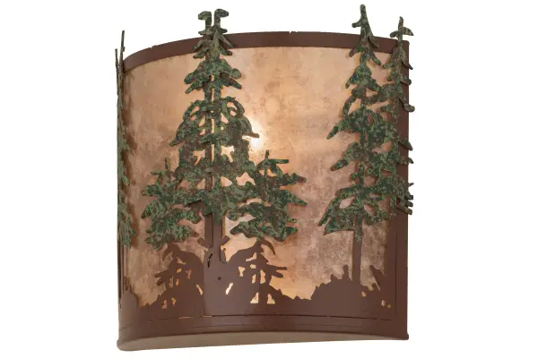 This handsome wall sconce features Green finished Tall Pine trees on a Rust finished fixture. The fixture is hand made in the U.S.A. by Meyda craftsman and has Silver Mica panels. Collection: Tall Pines Finish: Rust/Green Trees Glass: Silver Mica Width: 12.00" Height: 12.00" Length: 4.50" Weight: 4.00 lb Extension from Wall: 4.50" Number of Bulbs: 2 Maximum Wattage: 60.00 W Bulb Type: A19 Bulb Base: E26 Material: Steel Country of Origin: USA Safety Listing: Damp Safety Rating: Damp