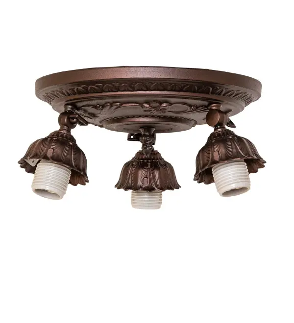 Every Meyda Tiffany item is a unique handcrafted work of art. Natural variations in the wide array of materials that we use to create each Meyda product make every item a masterpiece of its own. Photographs are a general representation of the product. Colors and designs will vary. Collection: Victorian Finish: Mahogany Bronze Width: 11.00" Height: 5.00" Length: 11.00" Weight: 4.00 lb Number of Bulbs: 3 Maximum Wattage: 60.00 W Bulb Type: A19 Bulb Base: E26 Material: Zinc/Steel Country of Origin: CHINA Safety Rating: Damp