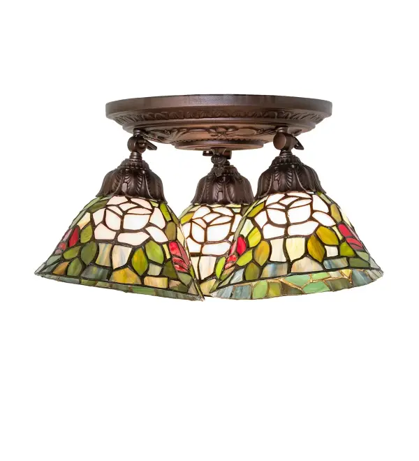 Every Meyda Tiffany item is a unique handcrafted work of art. Natural variations in the wide array of materials that we use to create each Meyda product make every item a masterpiece of its own. Photographs are a general representation of the product. Colors and designs will vary. Collection: Tiffany Rosebush Finish: Mahogany Bronze Glass: Stained Glass Width: 16.00" Height: 10.50" Length: 16.00" Weight: 8.50 lb Number of Bulbs: 3 Maximum Wattage: 60.00 W Bulb Type: A19 Bulb Base: E26 Material: Steel/Zinc Country of Origin: CHINA Safety Rating: Damp