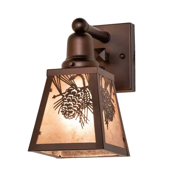 Every Meyda Tiffany item is a unique handcrafted work of art. Natural variations in the wide array of materials that we use to create each Meyda product make every item a masterpiece of its own. Photographs are a general representation of the product. Colors and designs will vary. Collection: Winter Pine Finish: Mahogany Bronze Mahogany Bronze Glass: Silver Mica Width: 5.50" Height: 10.00" Length: 8.50" Weight: 2.50 lb Number of Bulbs: 1 Maximum Wattage: 60.00 W Bulb Type: A19 Bulb Base: E26 Material: Brass Country of Origin: USA Safety Rating: Damp