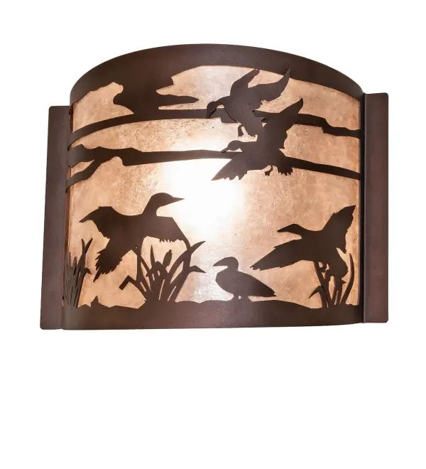 Every Meyda Tiffany item is a unique handcrafted work of art. Natural variations in the wide array of materials that we use to create each Meyda product make every item a masterpiece of its own. Photographs are a general representation of the product. Colors and designs will vary. Collection: Ducks In Flight Finish: Mahogany Bronze Glass: Silver Mica// Width: 12.00" Height: 9.50" Length: 4.00" Weight: 3.00 lb Number of Bulbs: 1 Maximum Wattage: 60.00 W Bulb Type: A19 Bulb Base: E26 Material: Steel Country of Origin: USA Safety Rating: Damp