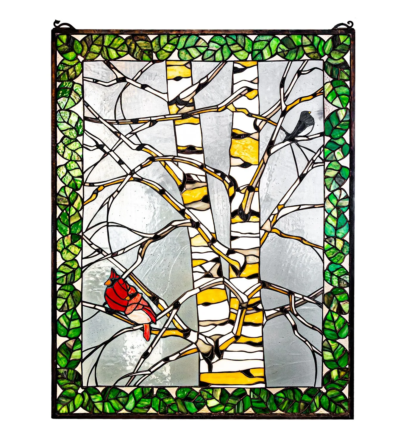 Birch Tree In Winter Window in Craftsman Brown W/ Handpainted Birds
