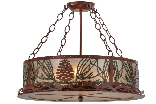 This handsome semi flush features Rust Pinecones with Green finished needles on a Rust finished fixture. The fixture is hand made in the U.S.A. by Meyda craftsman and is lighted through Silver mica panels. Collection: Mountain Pine Finish: Rust/Green Needles Glass: Silver Mica Width: 22.00" Height: 17.00" Length: 22.00" Weight: 11.00 lb Number of Bulbs: 4 Maximum Wattage: 60.00 W Bulb Type: A19 Bulb Base: E26 Material: Steel Country of Origin: USA Safety Listing: Damp Safety Rating: Damp