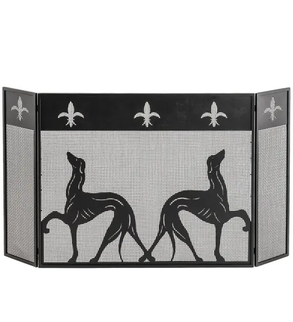 Bring a taste of St Petersburg's Derby Lane Greyhound Track into your home with two elegant Greyhounds featured in this fireplace screen design and adorned with Fleur-de-lis accents. Illuminate the hearth of your home with gorgeous, custom-crafted metal fireplace screens that add a warm, cozy touch to any living space. This stunning adjustable fireplace screen features mesmerizing Greyhound metal silhouettes with Weave-Tex mesh finished in Textured Black. This gorgeous fireplace screen is handcrafted with two side panels that can be adjusted with the touch of a hand. The Greyhound Fireplace Screen is included in our American-made, American-designed, handcrafted Fireplace Decor Collection and manufactured in Yorkville, New York. Collection: Greyhound Finish: Textured Black Glass: Black Glass Width: 0.50" Height: 30.25" Length: 37.00" Weight: 28.00 lb Material: Steel Country of Origin: USA Safety Listing: Dry Safety Rating: Dry