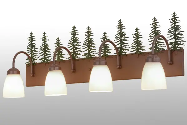 Mother Nature would be proud of the stand of Tall Pines featured on this fixture; which is designed with hardware finished in Rust with the trees in a Pine Green. Four White goblet-shaped glass shades provide soft ambient light that is projected beautifully. This fixture is ideal as a vanity light in a bath or a wall sconce in corridors. This fixture is handcrafted in the Meyda manufacturing facility at the foothills of the Adirondack Mountains. Custom sizes; styles and energy efficient lamping options are available.