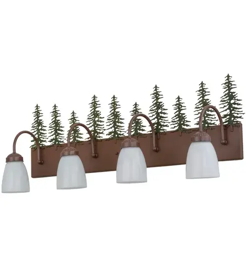 Mother Nature would be proud of the stand of Tall Pines featured on this fixture; which is designed with hardware finished in Rust with the trees in a Pine Green. Four White goblet-shaped glass shades provide soft ambient light that is projected beautifully. This fixture is ideal as a vanity light in a bath or a wall sconce in corridors. This fixture is handcrafted in the Meyda manufacturing facility at the foothills of the Adirondack Mountains. Custom sizes; styles and energy efficient lamping options are available. - alternate view
