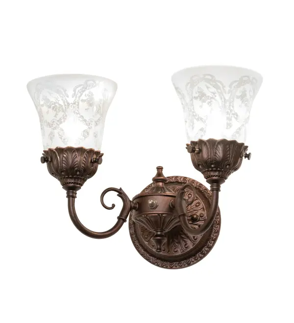 This charming 13-inch wall sconce features intricate wreath and garland motifs in stamped cast metal, perfect for adding vintage elegance to traditional interiors. Two lights provide warm ambient illumination.