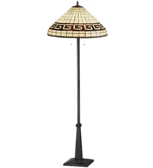 Like one of the many geometric patterns employed by the Tiffany Studios; our classic greek key pattern is executed in a granite textured; Olive Brown on a Parthenon Beige grid. Bordered in metal bead trim and finished in Mahogany Bronze this stained glass floor lamp makes a dramatic statement in your home.