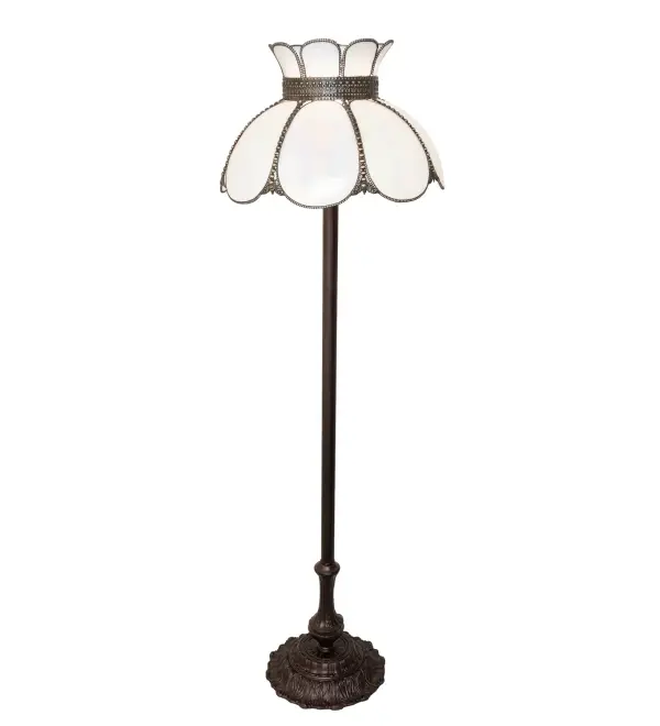 Embrace the timeless look of this classic art glass lighting design. Annabelle features a Hand-Bent, White Iridescent Glass Shade with Brass filigree, offered in a Hi-Lited Craftsman Brown finish to reveal an eye-catching, dimensional look. The base is enhanced with a Mahogany Bronze finish. The floor lamp is perfect as an accent piece in a picture window and in a living space. The Anabelle Floor Lamp is part of our American-made, American-designed, handcrafted Quality Bent Glass Lighting Collection and is manufactured in Yorkville, New York. It is UL and cUL listed for dry locations. Our Quality Bent Glass division has been in the making for over 100 years. It continues to create timeless masterpieces using original tools and techniques from the days when we supplied Louis Comfort Tiffany Studios. Quality Bent Glass originally revolutionized the manufacturing process for high-temperature glass formation by custom-building production capacity, glass-forming ovens, and kilns. We are one of the few remaining manufacturers of bent glass lighting, and we take pride in this rich heritage and expertise. Collection: Anabelle Finish: Craftsman Brown Highlighted Mahogany Bronze Glass: White Iridescent Glass Width: 18.00" Height: 58.00" Length: 18.00" Weight: 18.00 lb Number of Bulbs: 1 Maximum Wattage: 60.00 W Bulb Type: A19 Bulb Base: E26 Material: Zinc Country of Origin: USA Safety Rating: Dry