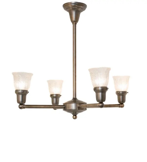 Step back in time with a traditional glass, fit, and finish. Reminiscent of lighting fixtures from the early 1900s, the Revival Summer Wheat chandelier features four Clear Textured Revival Glass shades, offering an authentic, historic look that complements any room or space. The fixture creates four shades embraced by Solid Antique Brass hardware designed and crafted with the exact details of old-world artisanship. Perfect for positioning above tables in dining areas and living spaces in various residential and hospitality settings. The Revival Summer Wheat 4 Light Chandelier is included in our American-designed, handcrafted Traditional Collection. UL and cUL listed for dry and damp locations. Collection: Revival Finish: Antique Brass Glass: Clear Textured Width: 27.00" Height: 24.00" Length: 27.00" Weight: 8.00 lb Number of Bulbs: 4 Maximum Wattage: 60.00 W Bulb Type: A19 Bulb Base: E26 Material: Brass Country of Origin: USA Safety Rating: Damp