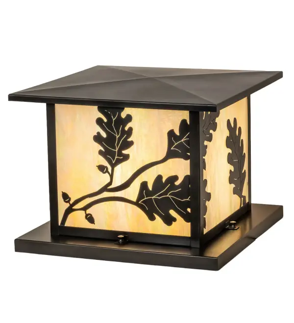This pier mount makes a stunning nature-inspired statement, captured in a dramatic profile and featuring a unique Oak Leaf design. The fixture is ideal for placement on columns and posts on decks and patios in timber homes, modern farmhouses, and other spaces. The Beige Iridescent Glass diffuser is enhanced with a frame and hardware finished in Craftsman Brown. The Hyde Park Oak Leaf Pier Mount is part of our American-made, American-designed, handcrafted Craftsman Signature Series, manufactured in Yorkville, New York. The fixture is UL and cUL listed for use in dry, damp, and wet locations. Our Build Your Own Craftsman Signature Series features unlimited combinations of styles. The collection is called Build Your Own because it is fully configurable and customizable from size and design to finish and lens color. Marine-grade solid brass or copper raw materials are used to ensure items from the Craftsman Signature Series of outdoor and indoor lighting will stand the test of time, as these premium metals are impervious to most forms of oxidation. Hand-applied Patina finishes on brass and copper are sealed with a clear varnish and, over time, may require gentle maintenance, such as wax, to delay or reverse the natural living finish attributes indicative of this finishing process. Patina finishes on brass and copper provide strong resistance to fading from sun exposure, will not chip or crack, and will not rust like a steel-framed item in the same conditions. Mica is less durable in outdoor locations but may be appropriate for mildly exposed areas. Choose from a variety of style options or send us your concept today! Call today to learn how to use the configuration tool available on our website to generate an item number instantly. Collection: Hyde Park Finish: Craftsman Brown Glass: Beige Iridescent Glass Width: 22.50" Height: 12.50" Length: 16.00" Weight: 17.00 lb Number of Bulbs: 1 Maximum Wattage: 60.00 W Bulb Type: A19 Bulb Base: E26 Material: Brass Country of Origin: USA Safety Rating: Wet