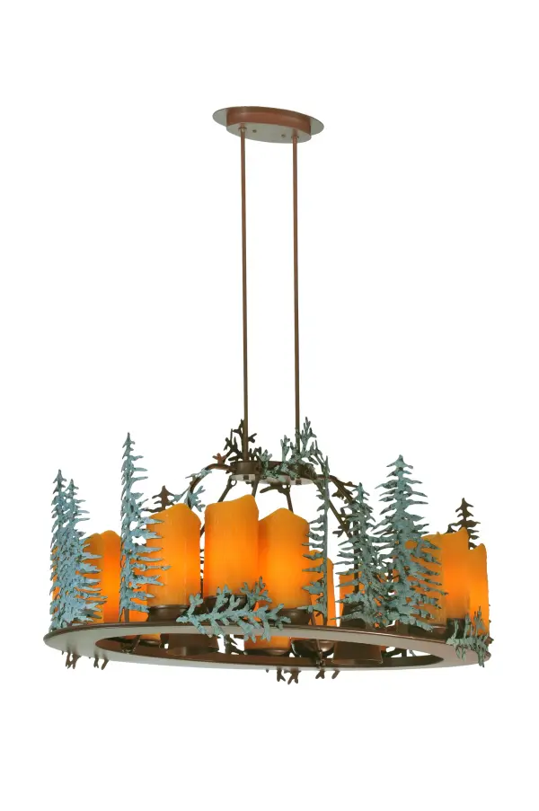 This handsome oval twelve light chandelier features Green finished cedar branches and pine trees on a Rust finished fixture. The fixture is hand made in the U.S.A. by Meyda craftsman and has Amber simulated wax candle shades and two downlights.