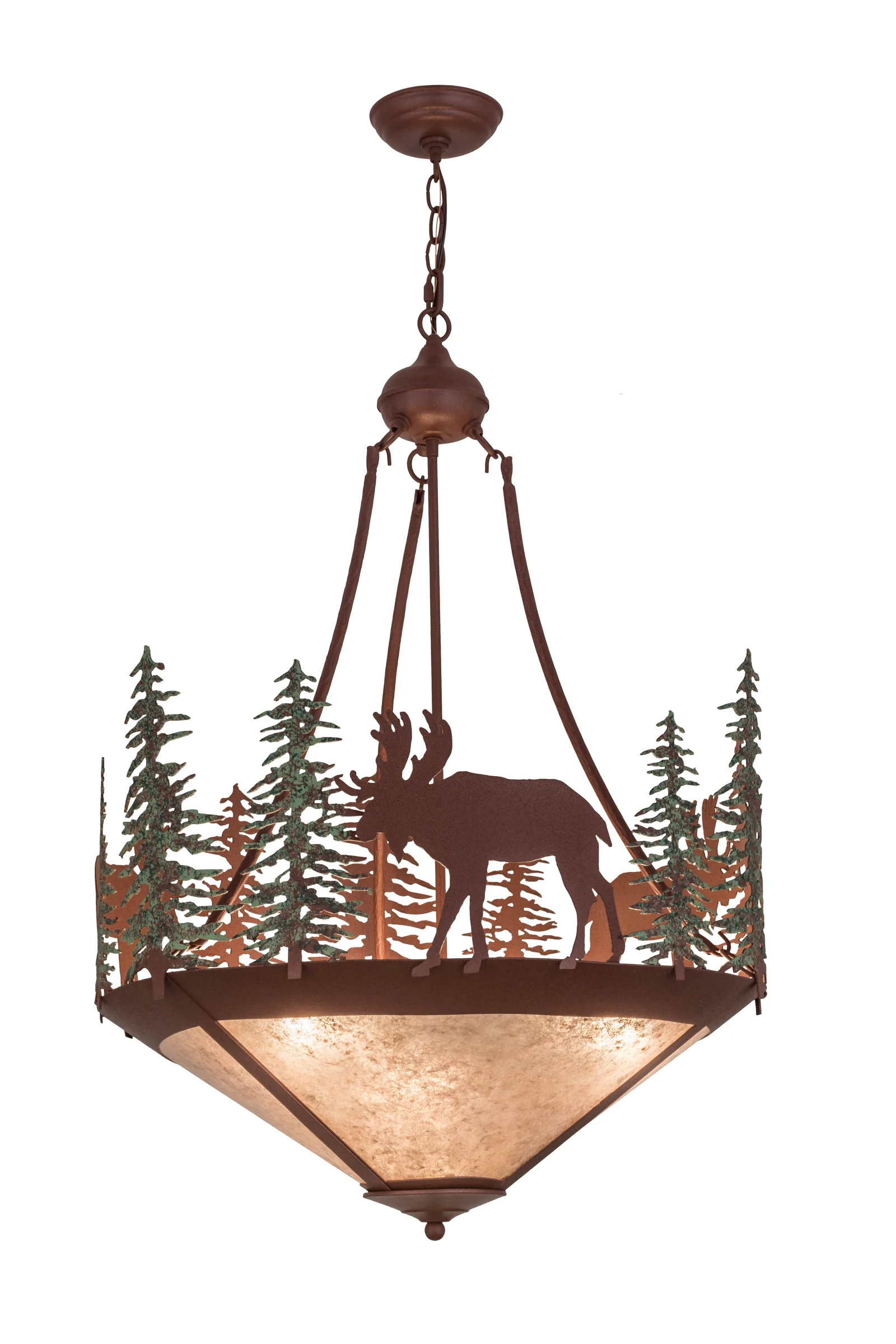 Wandering Moose Three Light Inverted Pendant in Rust/Green Trees