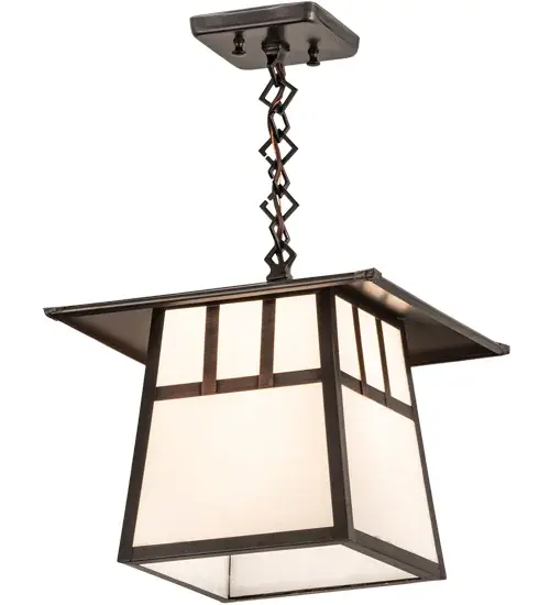 The Double Bar Mission has a pair Arts and Crafts style crossed bars that accent this handsome American Craftsman lantern style ceiling pendant. The fixture; handcrafted in the USA by Meyda artisans; is finished in Craftsman Brown and has White glass panels. - alternate view