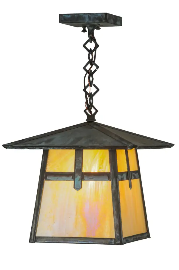 The Cross Mission has Arts and Crafts style crossed bars that accents this handsome American Craftsman lantern style ceiling pendant. The fixture; handcrafted in the USA by Meyda artisans; is finished in Verdigris and has Iridized Beige glass panels.