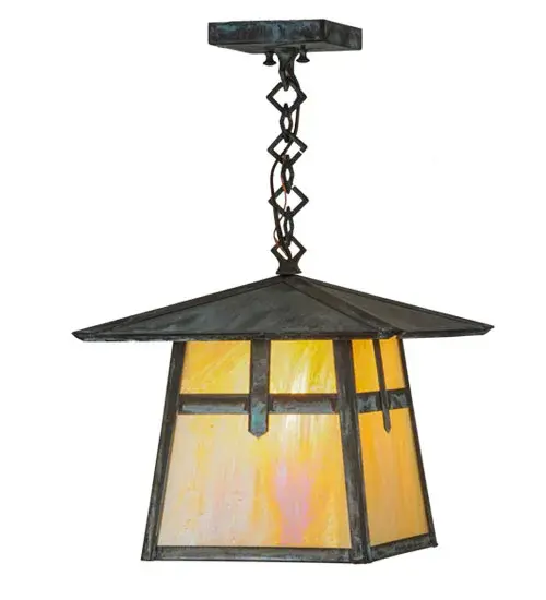 The Cross Mission has Arts and Crafts style crossed bars that accents this handsome American Craftsman lantern style ceiling pendant. The fixture; handcrafted in the USA by Meyda artisans; is finished in Verdigris and has Iridized Beige glass panels. - alternate view