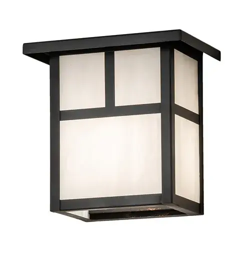The T Mission has Arts and Crafts style T bars that accents this handsome American Craftsman lantern style wall sconce. The fixture, handcrafted in the USA by Meyda artisans, is finished in Craftsman Brown and has White glass panels. Collection: Hyde Park Finish: Craftsman Brown Glass: White Art Glass Width: 8.00" Height: 8.00" Length: 6.00" Weight: 3.50 lb Extension from Wall: 6.00" Number of Bulbs: 1 Maximum Wattage: 60.00 W Bulb Type: A19 Bulb Base: E26 Material: Brass Country of Origin: USA Safety Listing: Wet Safety Rating: Wet - alternate view