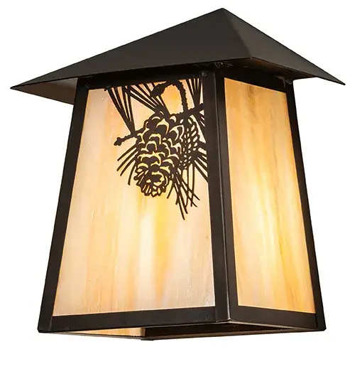 Pine Cone laden branches accent this handsome American Craftsman lantern style wall sconce. The fixture, handcrafted in the USA by Meyda artisans, is finished in Craftsman Brown and has Iridized Beige glass panels. Collection: Stillwater Finish: Craftsman Brown Glass: Beige Iridescent Glass Width: 9.00" Height: 10.50" Length: 5.50" Weight: 4.50 lb Number of Bulbs: 1 Maximum Wattage: 60.00 W Bulb Type: A19 Bulb Base: E26 Material: Brass Country of Origin: USA Safety Rating: Wet - alternate view
