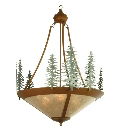 This handsome inverted pendant features Green finished pine trees on a Rust finished fixture. The fixture is hand made in the U.S.A. by Meyda craftsman and has Silver Mica panels.