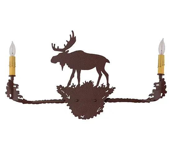 A majestic moose stands atop a fanciful wall sconce which is finished in Rust and embraces two faux candlelights that evoke soft warm ambient lighting. The fixture is custom crafted by Meyda artisans at the foothills of the spectacular Adirondack Mountains; in the USA. Create the colors; size and style of your choice. Dimmable energy efficient lamping options are available. - alternate view