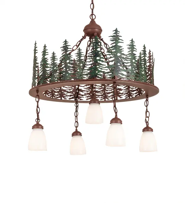 This handsome five light pendant fixture features Green finished Tall Pine trees topping a Rust finished ring. The fixture is hand made in the U.S.A. by Meyda craftsman and has White Opal goblet shade suspended by chain from the hardware.