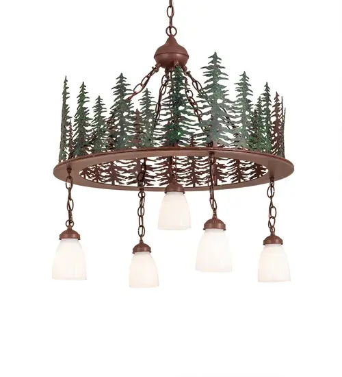 This handsome five light pendant fixture features Green finished Tall Pine trees topping a Rust finished ring. The fixture is hand made in the U.S.A. by Meyda craftsman and has White Opal goblet shade suspended by chain from the hardware. - alternate view