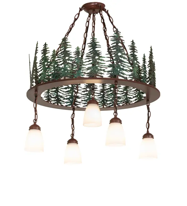 This handsome five light semi flush fixture features Green finished Tall Pine trees topping a Rust finished ring. The fixture is hand made in the U.S.A. by Meyda craftsman and has White Opal goblet shade suspended by chain from the hardware.