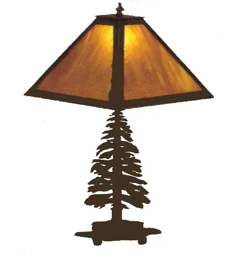 A leaf edged linear square shade sits above a tall pine lamp base. The nature inspired table lamp has a Black finish; Honey art glass panels and is handcrafted in the USA by Meyda artisans.