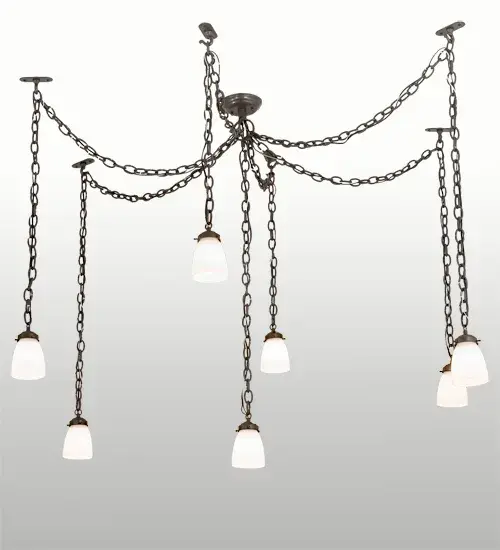 The elegant Castilian Pendant will grace any residential; hospitality or commercial space. Seven White Opalescent Glass shades are draped from chains above. The frame and hardware are finished in Timeless Bronze. The overall height and the overall width varies as the chain length can be easily adjusted in the field to accommodate your specific lighting application. Handmade in our 180;000 square foot manufacturing facility in Yorkville; NY. Available in custom sizes; finishes and styles. Dimmable energy efficient lamping options are offered. UL and cUL listed for dry and damp locations. - alternate view