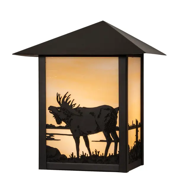 The majestic North Woods Moose is depicted on this handsome American Craftsman lantern style wall sconce. The fixture; handcrafted in the USA by Meyda artisans; is finished in Craftsman Brown and has Beige glass panels.
