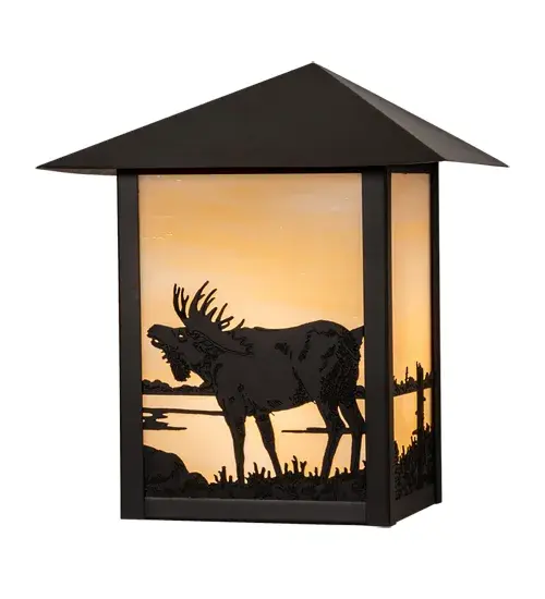 The majestic North Woods Moose is depicted on this handsome American Craftsman lantern style wall sconce. The fixture; handcrafted in the USA by Meyda artisans; is finished in Craftsman Brown and has Beige glass panels. - alternate view