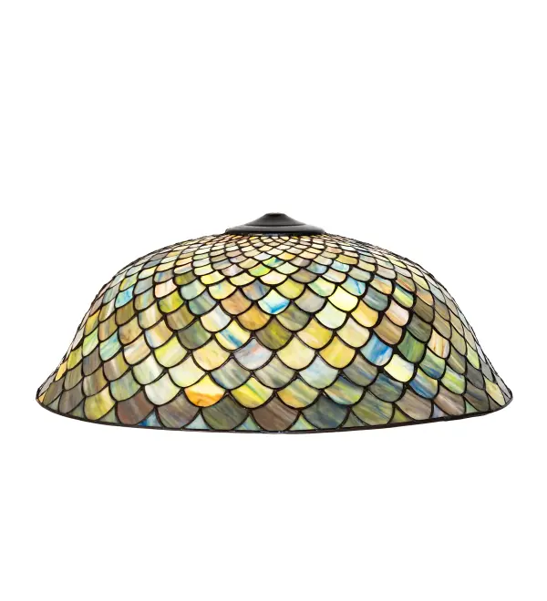 A Louis Comfort Tiffany studio classic Fishscale pattern is reproduced in variegated glass of Blue; Amber; Brown and Green pastels. This beautiful stained glass shade is created using the famous Meyda Tiffany copperfoil construction process. Pairs with a base to create a stunning table or floor lamp. Match hardware to build a beautiful ceiling fixture. The Tiffany Fishscale Shade is featured in our American designed; handcrafted Tiffany Reproduction Stained Glass Lighting Collection. Each shade is a unique work of art with color variations based on natural ingredients inherent in the glass. Contact us if color matching is critical when ordering multiple items.