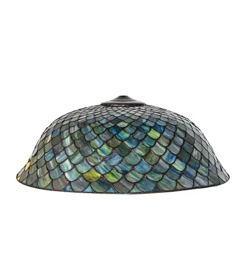 A Louis Comfort Tiffany studio classic Fishscale pattern is reproduced in variegated glass of Blue; Amber; Brown and Green pastels. This beautiful stained glass shade is created using the famous Meyda Tiffany copperfoil construction process. Pairs with a base to create a stunning table or floor lamp. Match hardware to build a beautiful ceiling fixture. The Tiffany Fishscale Shade is featured in our American designed; handcrafted Tiffany Reproduction Stained Glass Lighting Collection. Each shade is a unique work of art with color variations based on natural ingredients inherent in the glass. Contact us if color matching is critical when ordering multiple items. - alternate view