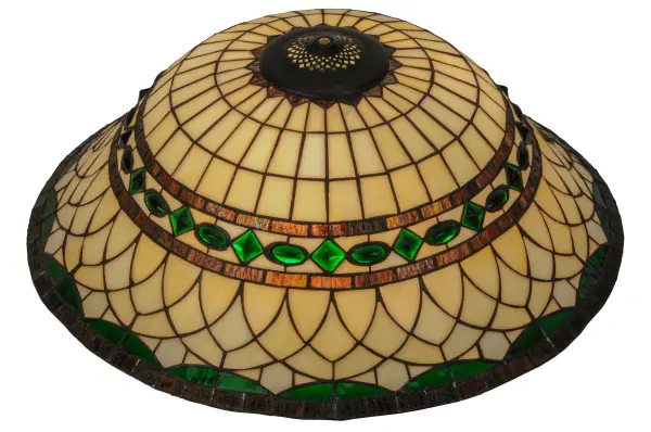 Emerald-colored jewels and Multi colored granite glass bands accent this stunning Bone Beige art glass reproduction of a famous Louis Comfort Tiffany design. The Tiffany Roman shade is inspired by Italian art and architecture and handcrafted of authentic stained glass using the famous Meyda Tiffany copperfoil construction method. The shade can be paired with a base to create a stunning table/floor lamp or with hardware to build a beautiful ceiling fixture.