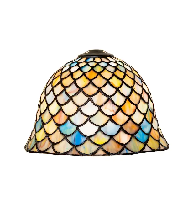 Every Meyda Tiffany item is a unique handcrafted work of art. Natural variations in the wide array of materials that we use to create each Meyda product make every item a masterpiece of its own. Photographs are a general representation of the product. Colors and designs will vary. Collection: Tiffany Fishscale Glass: Stained Glass Width: 8.00" Height: 5.00" Length: 8.00" Weight: 1.50 lb Country of Origin: CHINA