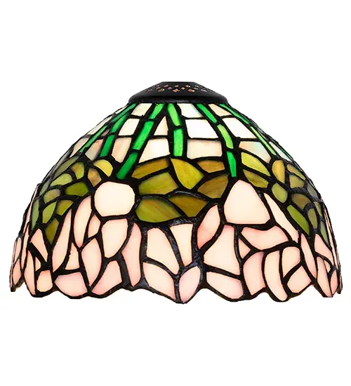 A wreath of full-blooming Pink Cabbage Roses circles this beautiful stained glass shade in a design inspired by the Louis Comfort Tiffany studio. Bronzed Green leaves and Teal Green stems form a pattern against an Opal sky. The shade is created using the famous Meyda Tiffany copperfoil construction. This design is reminiscent of rose gardens in New York City; the White House in Washington; DC.; and Thomasville; Georgia. The 8-inch shade will make a lovely accent lamp; mini pendant; or wall sconce. The Tiffany Cabbage Rose Shade is included in our American-designed; handcrafted Tiffany Reproduction Collection. - alternate view