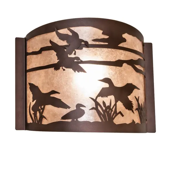 Every Meyda Tiffany item is a unique handcrafted work of art. Natural variations in the wide array of materials that we use to create each Meyda product make every item a masterpiece of its own. Photographs are a general representation of the product. Colors and designs will vary. Collection: Ducks In Flight Finish: Mahogany Bronze Glass: Silver Mica// Width: 12.00" Height: 9.50" Length: 4.00" Weight: 3.00 lb Number of Bulbs: 1 Maximum Wattage: 60.00 W Bulb Type: A19 Bulb Base: E26 Material: Steel Country of Origin: USA Safety Rating: Damp