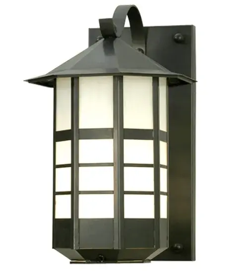 This handsome Tyrolean wall sconce has clean architectural lines of a Bavarian ski resort. This lantern is handcrafted in the U S A by Meyda craftsmen and is hand finished in Craftsman Brown with White art glass. Collection: Tyrolean Finish: Craftsman Brown Glass: White Art Glass Width: 11.00" Height: 19.00" Length: 15.00" Weight: 35.00 lb Extension from Wall: 15.00" Number of Bulbs: 2 Maximum Wattage: 60.00 W Bulb Type: A19 Bulb Base: E26 Material: Steel Country of Origin: USA Safety Listing: Wet Safety Rating: Wet