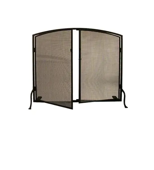 This gothically simple Arched Firescreen has 2 hinged doors making tending your fire easily accessible. The screen has a forged latch and feet; and is finished in a durable Timeless Bronze powdercoat. This Firescreen is handmade in the U S A by Meyda craftsman.