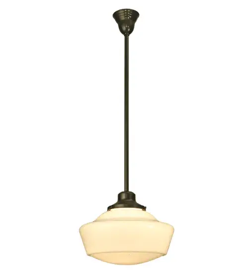 Schoolhouse Glass is a term used for ceiling mounted opal glass fixtures that are commonly used in schools and other public buildings. With the invention of the electric lamp, these bright opal glass shades used as pendants and ceiling fixtures, are economical, decorative and always in style. This Schoolhouse Shade is paired with pendant hardware, hand finished in Craftsman Brown Collection: Revival Finish: Craftsman Brown Glass: White Opal Glass Width: 16.00" Height: 41.00" Length: 16.00" Extension from Wall: 9.00" Number of Bulbs: 1 Maximum Wattage: 60.00 W Bulb Type: A19 Bulb Base: E26 Material: Metal Country of Origin: USA Safety Listing: Dry Safety Rating: Damp