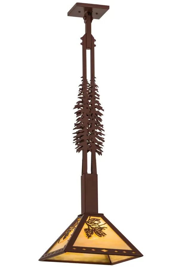 Stunning pinecones and pine needles adorn Beige iridescent art glass while pine tree silhouettes accent hardware finished in Rust. This nature inspired pendant was custom crafted in Upstate New York, at the foothills of Adirondack Mountains. Collection: Winter Pine Finish: Rust Glass: Rust/Bai Width: 16.50" Height: 37.50" Length: 12.00" Weight: 7.00 lb Number of Bulbs: 1 Maximum Wattage: 60.00 W Bulb Type: A19 Bulb Base: E26 Material: Steel Country of Origin: USA Safety Listing: Damp Safety Rating: Damp