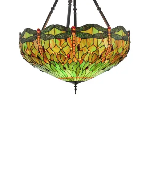 This beloved lighting design is modeled after the original hanging head dragonfly from Tiffany Studios. Diving Orange Dragonflies with glowing jeweled eyes and delicate metal filigree wings circle over hand-cut and copperfoiled pieces of Sunrise Yellow and Pond Green glass representing rippling water. This lovely shade is created using the famous Meyda Tiffany copperfoil construction and can be paired with a base to create a floor or table lamp. It can also be used to build a stunning ceiling fixture. The Tiffany Hanginghead Dragonfly Pendant is included in our American-designed; handcrafted Tiffany Reproduction Collection. Each shade is a unique work of art with color variations based on natural ingredients inherent in the glass. - alternate view