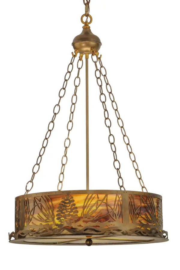 This handsome Pine Cone and needle patterned pendant ring with pine branch accents is suspended from chains and illuminated through Sage Green panels. The fixture has an Antique Copper finish and is handcrafted in the USA by Meyda artisans. Collection: Mountain Pine Finish: Antique Copper Glass: Green Blue Brown Glass Width: 22.00" Height: 37.00" Length: 22.00" Weight: 20.00 lb Extension from Wall: 6.50" Number of Bulbs: 4 Maximum Wattage: 60.00 W Bulb Type: A19 Bulb Base: E26 Material: Steel Country of Origin: USA Safety Listing: Damp Safety Rating: Damp