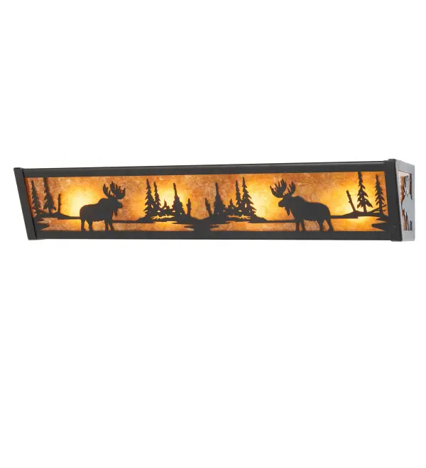 A Moose walks through the woods on this nature inspired vanity light, illuminated through Amber mica panels. The fixture has a Black finish and is handcrafted in the USA by Meyda artisans. Collection: Moose At Lake Finish: Textured Black Glass: Amber Mica Width: 24.00" Height: 4.50" Length: 6.00" Weight: 6.00 lb Number of Bulbs: 4 Maximum Wattage: 60.00 W Bulb Type: A19 Bulb Base: E26 Material: Steel Country of Origin: USA Safety Rating: Damp