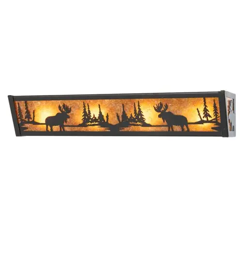A Moose walks through the woods on this nature inspired vanity light, illuminated through Amber mica panels. The fixture has a Black finish and is handcrafted in the USA by Meyda artisans. Collection: Moose At Lake Finish: Textured Black Glass: Amber Mica Width: 24.00" Height: 4.50" Length: 6.00" Weight: 6.00 lb Number of Bulbs: 4 Maximum Wattage: 60.00 W Bulb Type: A19 Bulb Base: E26 Material: Steel Country of Origin: USA Safety Rating: Damp - alternate view